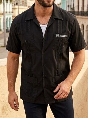 Bacardi Men's Black Guayabera Cuban Shirt Short Sleeve XLarge Cocktail Classic